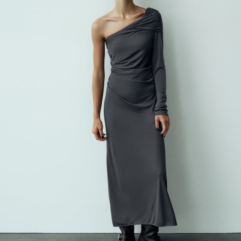 NWT LONG ONE SHOULDER GRAY DRESS